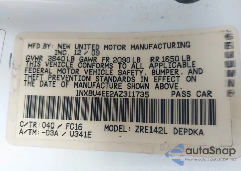 2010 Toyota Corolla Le z USA, uszkodzony, nr VIN 1NXBU4EE2AZ311735